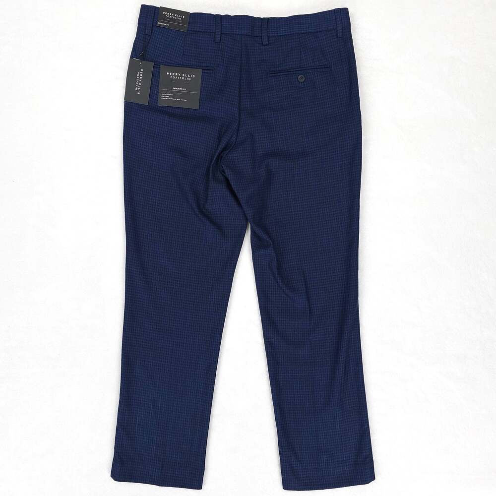 Perry Ellis Mens Modern Fit Dress Pants 36x30 Navy Blue Tonal Grid Plaid Stretch - Picture 3 of 9